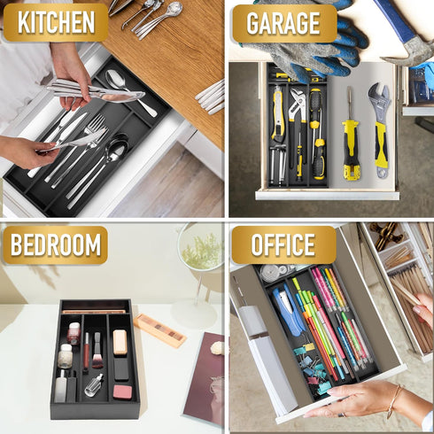Silverware Organizer Small Bamboo Kitchen Drawer, Utensil Holder, Flatware Organizer Tray, Black, 4 Slots