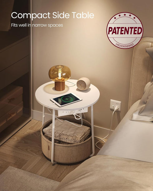 ULET228W01 VASAGLE LILEA Collection - Side Table with Charging Station, Round End Table with Fabric Basket, Nightstand