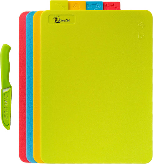 Resort Chef Vibrant Kitchen Cutting Board Set, 4 Non-Porous BPA-Free Boards, Includes Ceramic Knife & Non-Slip Mat.