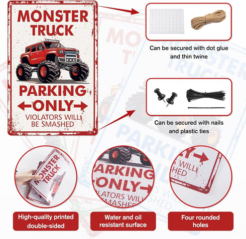 4 Pcs Monster Truck Parking Only Wall Decor for Boys, Monster Jam Only Violators Will Be Smashed Wall Room Door Signs
