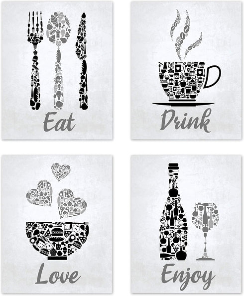 Black Grey White Mosaic Vintage Kitchen Wall Art, Eat Drink Love Wine Coffee Hearts Prints for Rustic Home