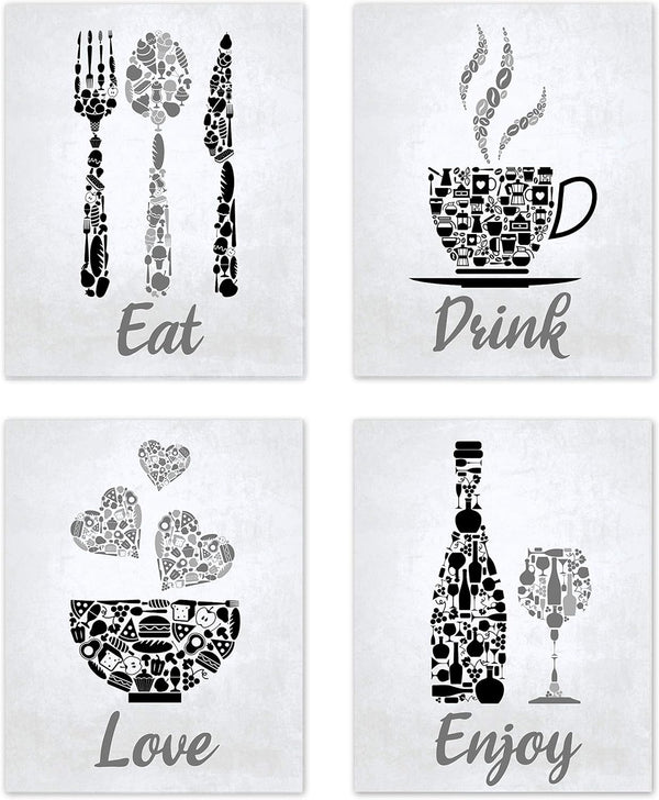Black Grey White Mosaic Vintage Kitchen Wall Art, Eat Drink Love Wine Coffee Hearts Prints for Rustic Home