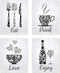 Black Grey White Mosaic Vintage Kitchen Wall Art, Eat Drink Love Wine Coffee Hearts Prints for Rustic Home
