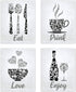 Black Grey White Mosaic Vintage Kitchen Wall Art, Eat Drink Love Wine Coffee Hearts Prints for Rustic Home