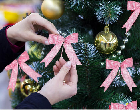Waydress 36 Pieces Bow Decor, Pink Christmas Tree Bow Ornament, Glitter Ribbon Bowknot for Wreath Garland, Party Crafts