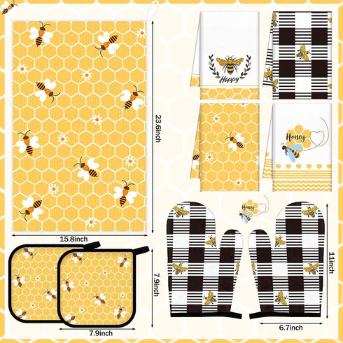 Leinuosen 8 Sets Sets Pcs Yellow Bee Kitchen Towels and Dishcloths Oven Mitts and Pot Holders Absorbent Kitchen Gloves