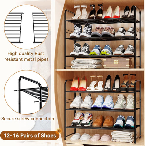 Closet, 3 Shoe Rack Tier Stackable Metal Shoe Shelf Organizer for Entryway, Stackable Heavy Duty & Adjustable, Black