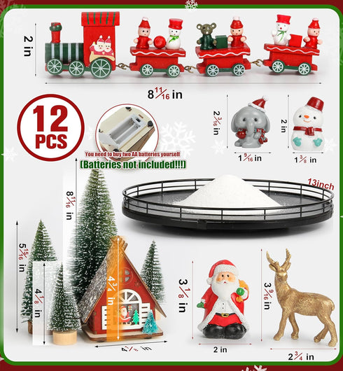 12 Set 13" Oroyutor Pcs Christmas Village - Oak Wooden Lazy Susan with Santa Train, House & Trees Indoor Christmas