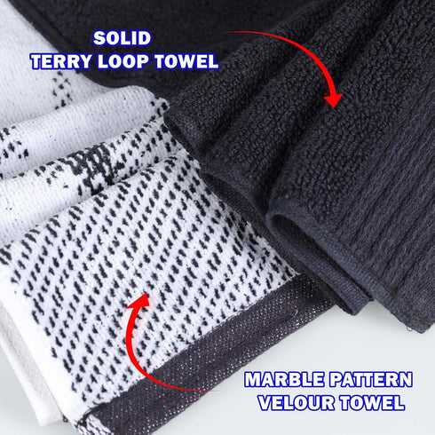 6 Set, Superior Cotton Piece Assorted Solid and Marble Hand Towel Daily Use, Soft, Absorbent, Decorative Bathroom