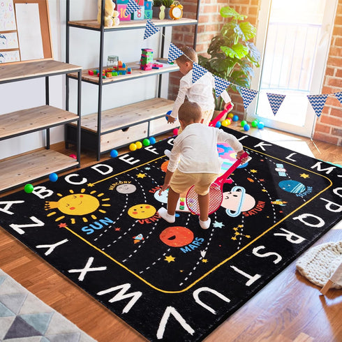 Rug,59"X39.4" Outer Space Kids ABC Alphabet Educational Kids Rugs for Playroom,Non Slip Solar System Galaxy Planets
