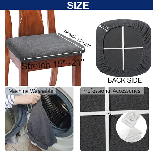 BUYUE Set of 4 Dining Room Chair Seat Covers, Grey TPU Jacquard Fabric Stretch Washable Slipcover for Kitchen Cushions