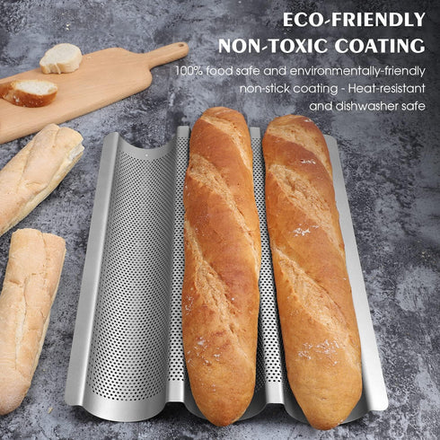 Nonstick Baguette Pan, 3 Slots Perforated French Bread Baking Mold, Silver