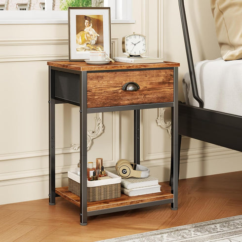 2 Furologee End Table with Storage Shelf and Fabric Drawer, Tiers Industrial Nightstand, Bedside Table Organizer