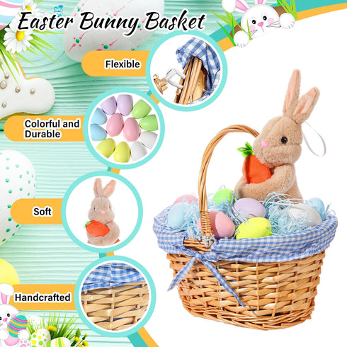 SiliFine Easter Bunny Gift Basket, Include Wicker Basket with Liner Gingham, Easter Plush Bunny Rabbit, Easter Eggs