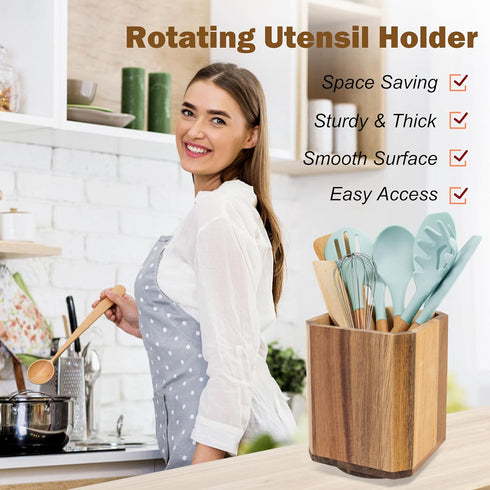 RedCall Acacia Wood Utensil Holder, 360° Rotating Large Cooking Organizer, Spoon Spatula Holder for Kitchen Counter