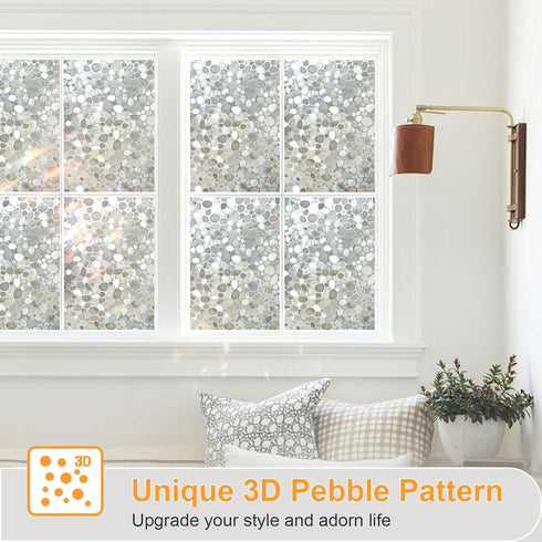 Window Privacy Film, Stained Glass Window Films, 3D Pebble Rainbow Window Cling Decorative Window Decals, Sun Blocking Window Stickers Static Cling Door Window Covering (17.5" x 78.7")