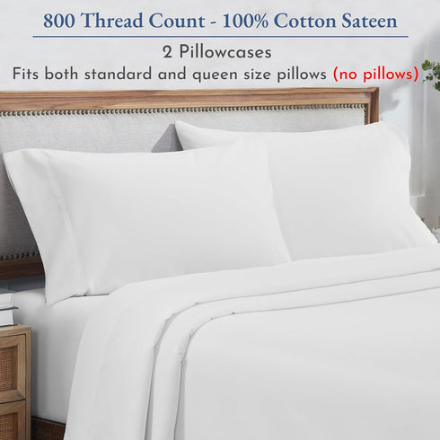 Heirloom 800 Thread Count 100% Cotton Sateen Pillowcases, 2 Pack, White, Fits Standard & Queen Size Pillows (Bright