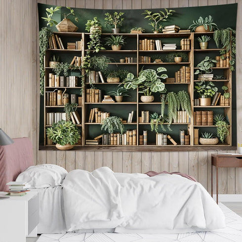 HVEST Green Plant Bookshelf Tapestry Book on Bookshelf and Plant Potted Tapestry