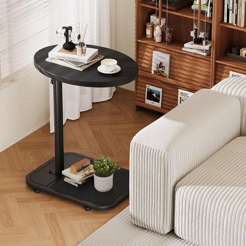 TV Tray Table with Infinite Adjustable Height - C-Shaped Sofa End Side Table for Snack Laptop Desk Small Spaces (Black)