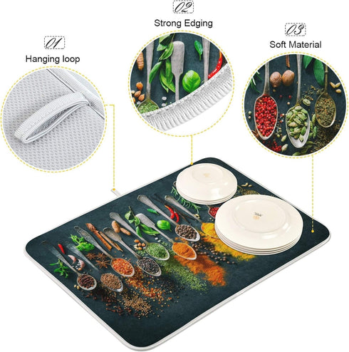Cooking Herbs Spices Dish Drying Mat for Kitchen, 18 X 24 Inches Dry Dishes Pads Mats, Tableware Protector for