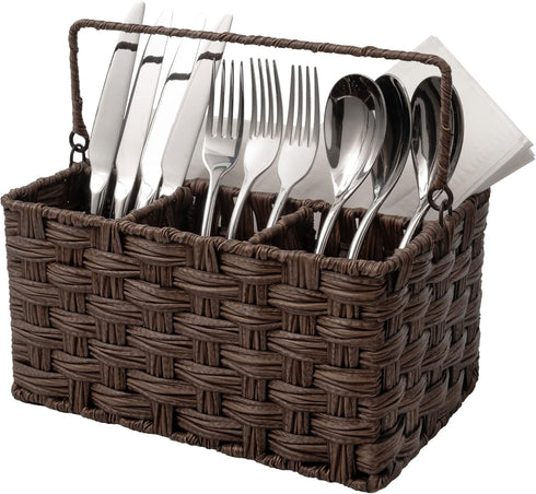 GRANNY SAYS Wicker Utensil Holder Organizer with Handle, Flatware Caddy for Kitchen, Holds Forks, Knives, Spoons,