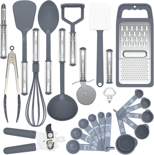 LUX Decor 23 PCS Kitchen Utensils Set - Non-Stick Nylon Cooking Spatula Set with Stainless Steel Handles - Grey