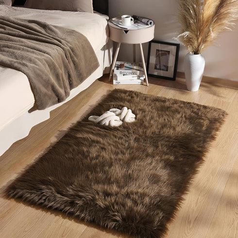 3 5 Ashler Faux Fur Rug - Fluffy Shaggy Area Rug, Ultra Soft x Feet Sheepskin Fur, Dark Coffee Fuzzy Machine Washable