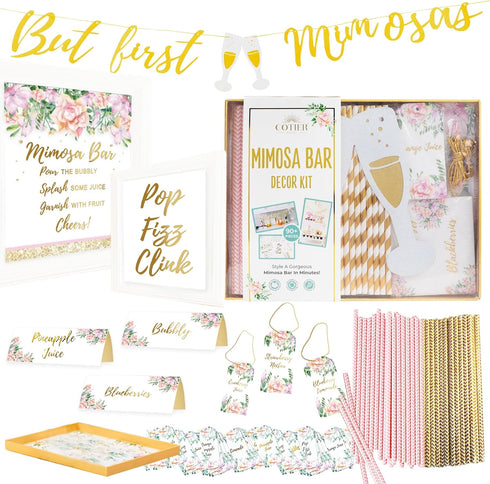 Deluxe Mimosa Bar Supplies Decoration Kit - 93Pcs Drink Tray, Mimosa Bar Sign, But First Mimosas Banner & More - Bridal