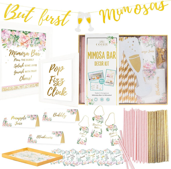 Deluxe Mimosa Bar Supplies Decoration Kit - 93Pcs Drink Tray, Mimosa Bar Sign, But First Mimosas Banner & More - Bridal