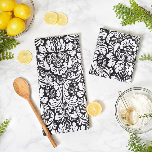 DII Cotton Dish Towel Set, Damask Print, Black, 18x28, 2 Count