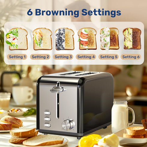 YSSOA Stainless Steel Toaster 2 Slice, Extra Wide Slot, Removable Crumb Tray, 6 Shade Settings, Compact Oven, Black