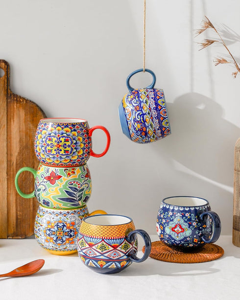 Set 6 20 oz HENXFEN LEAD Boho Ceramic Coffee Mugs of Large Porcelain Cups for Latte, Cappuccino, Tea, Cocoa & Soup