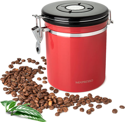 Mixpresso 16 Oz Red Coffee Canister, Stainless Steel Airtight Container with Date Tracker, Vacuum Sealed