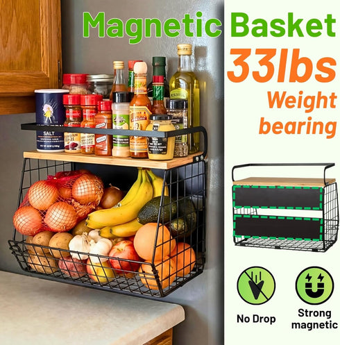 Counter, Ofiray-home Magnetic Shelf for Fridge with Wood Lid, Fruit Potato and Onion Storage Bins, Pantry Organizers