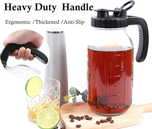 Cold Brew Coffee Maker Pitcher 2 Quart Glass Mason Jar With Spout Lid Filter Half Gallon Wide Mouth Iced Tea Brewing Jug Heavy Duty Handle Airtight & Leak-Proof Pitcher For Fridge Sun Tea 64 OZ by GLUKIEWT