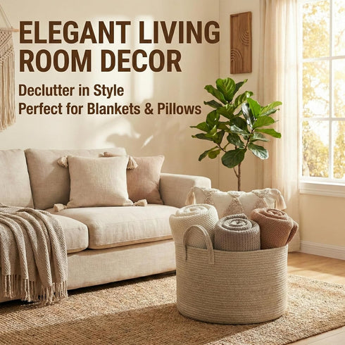 65L JMvicyroam Extra Large Blanket Basket for Living Room - Woven Cotton Rope Laundry Hamper with Reinforced Handles