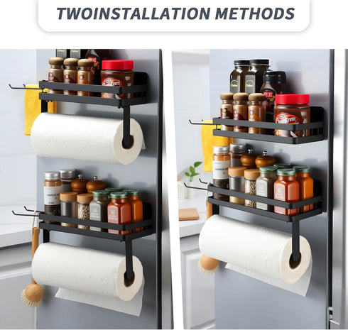 2 Pack 2 Paper Towel Holder Fridge Magnetic with Shelf - Paper Towel Holder Without Drilling + Magnet Spice Racks