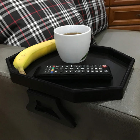Clip-On Armrest Table for Sofa - Black Food Grade Plastic Organizer