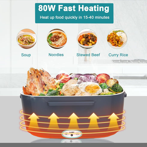 Electric Heated Lunch Box for Adults, 80W 1.5L Leak-Proof Stainless Steel Container, 12/24/110V with Fork & Spoon