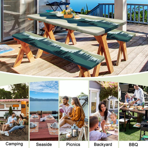 HobbLab Rv,96in,Green Picnic Table Cover with Bench Covers Portable Table Cloth Built-in Storage Pocket Fitted