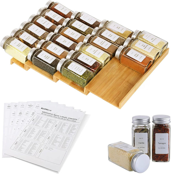 Spice Drawer Organizer with 24 Spice Jars,216 Labels,25 Non-slip Rubber, Bamboo 4