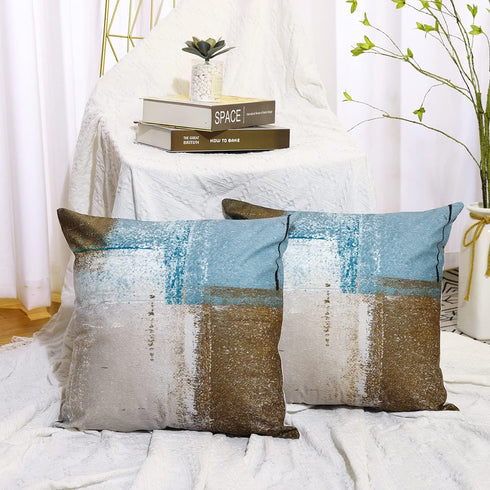 Set of 2 Decorative Pillow Case Throw Pillow Covers for Couch Indoor Bed 18 x 18 Inch, Blue Brown Abstract Art
