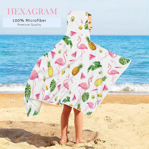 Summer 30''x50 Bonsai Tree Pink Flamingo Bright Hooded Beach Towel, Flamingo Lover Kids Poncho Towel for Boys Girls