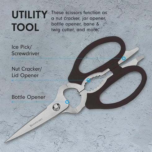 Messermeister 8-Inch Take-Apart Kitchen Scissors, Black, Includes Screwdriver, Nut Cracker, Jar Lid Opener