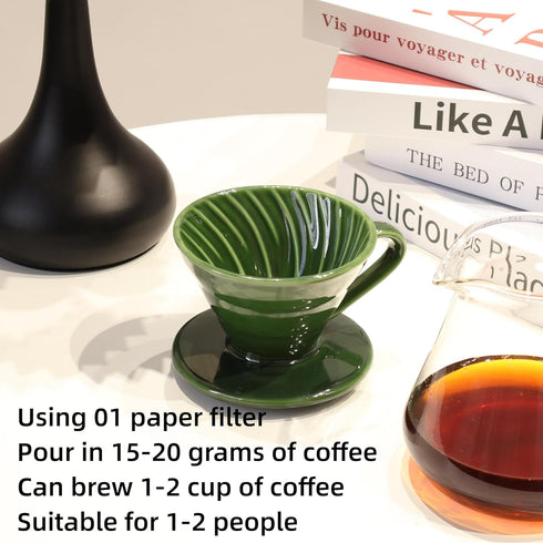 Ceramic Coffee Dripper with 50 Filters, Portable 01 Hand Drew Pour Over Coffee Maker for 1-2 People