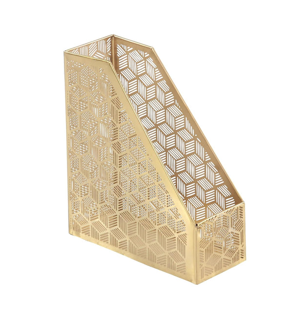 Deco 79 Metal Geometric Magazine Holder, Single Slot with Laser Carved Design, Gold