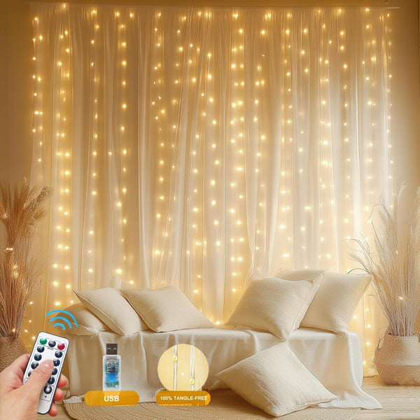 Fairy Curtain Lights Upgraded Tangle-Free Warm White USB Plug in 8 Modes