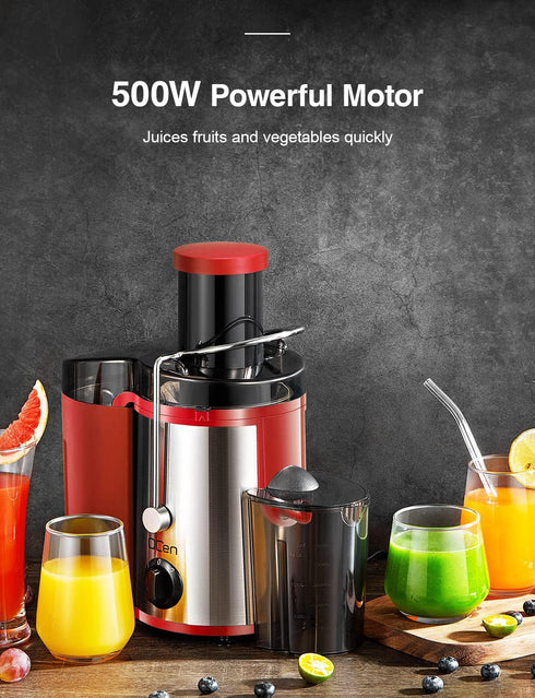 QCen Juicer Machine 500W Centrifugal Extractor, 3” Wide Mouth Feed Chute, Easy to Clean, Stainless Steel, Red