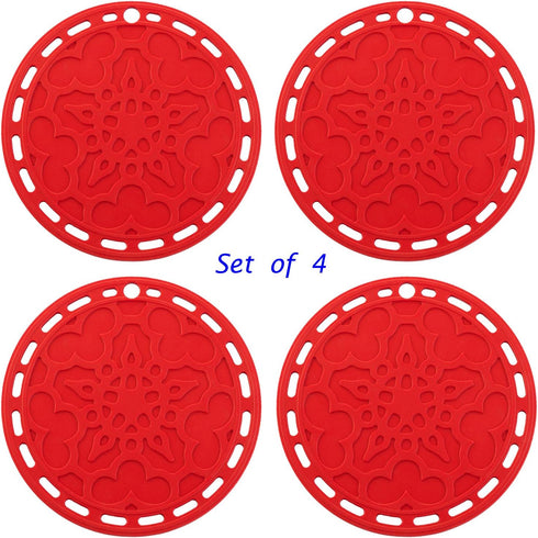 Silicone Hot Pads Set of 4 - 6 in 1 Multi-Purpose Kitchen Tool, Pot Holder, Microwave Cover, Jar Opener, Red, 8 Inches