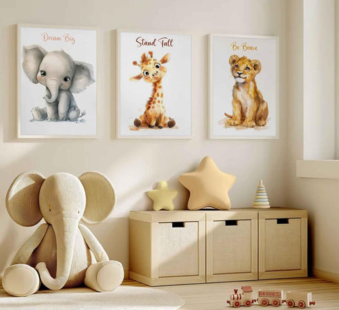 3 Pcs Safari Nursery Canvas Wall Art Kids Cute Inspirational Animal Lion Giraffe Elephant Painting Picture Wall Decor